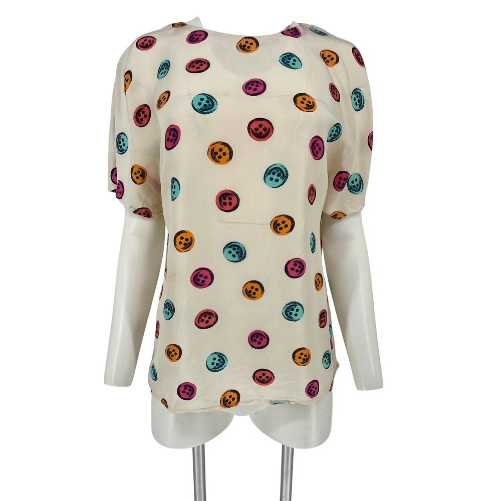 Vintage 1980s‎ Silk Trompe L'Oeil Button Print Colorful Blouse Pop Art Top M/L